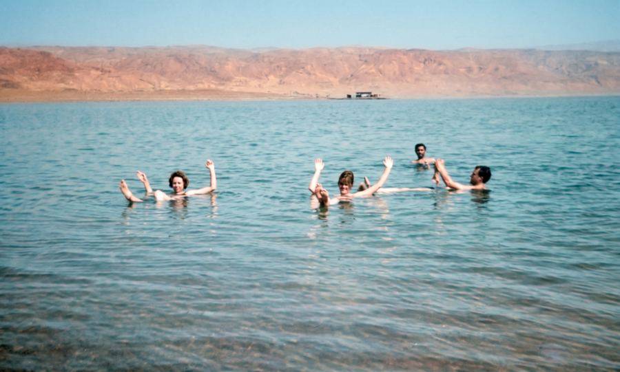 Floating on the brackish waters of the Dead Sea. Left to right: Patricia, Valerie, myself and Patrick