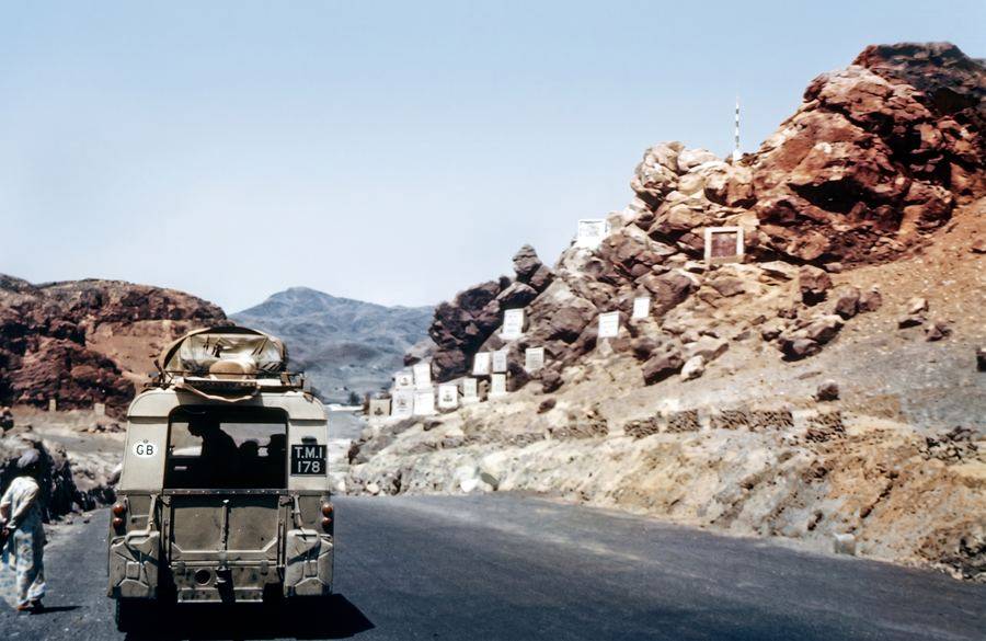 Heading due west to Landikotal & Torkham, past the regimental crests — Khyber Pass