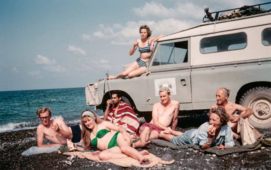 Black Sea beach at Trabzon. L to R: Graham, Valerie, Faruq, Patrick, Aunty Hilda and Uncle Bob, and Patricia on the bonnet